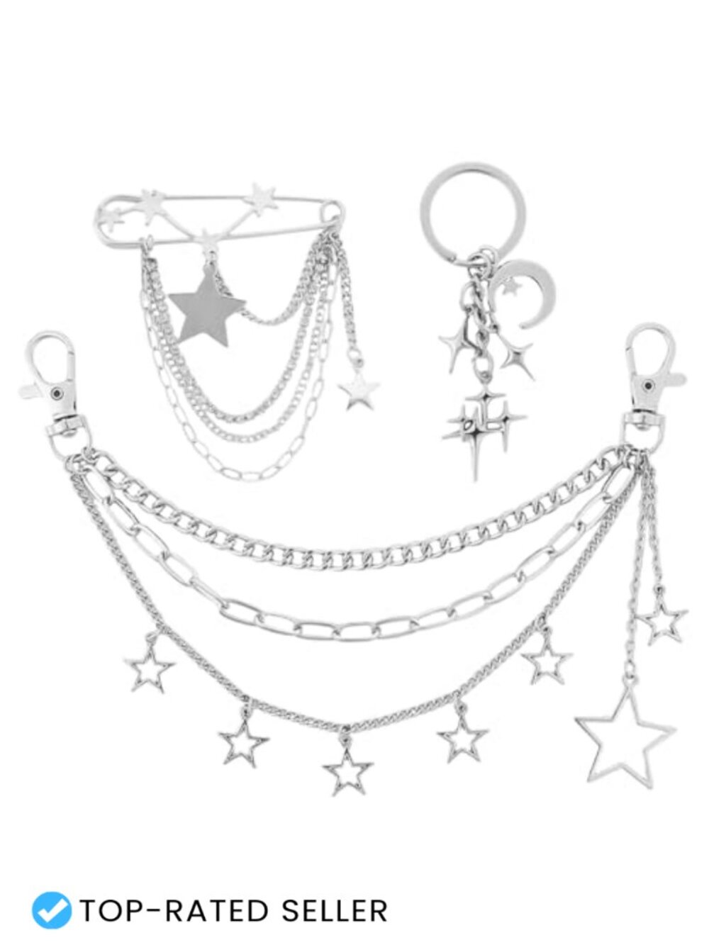 Gothic Y2K Silver Purse Charm Chain Star Handbag Keychain Strap Extender